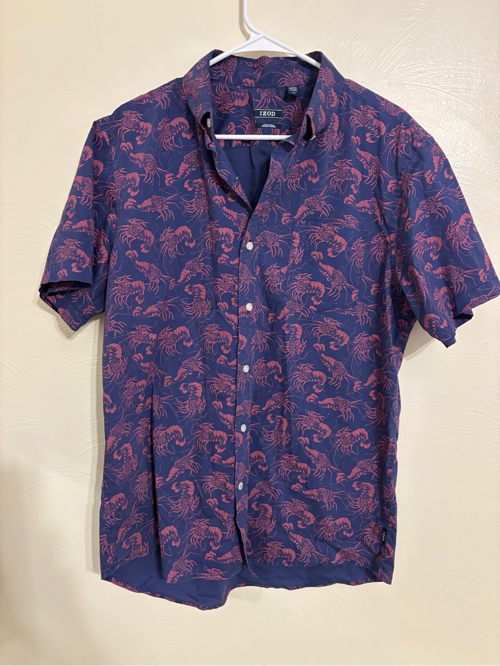 IZOD Stretch Poplin Lobster Print Button Front Shirt Men’s Large Coastal